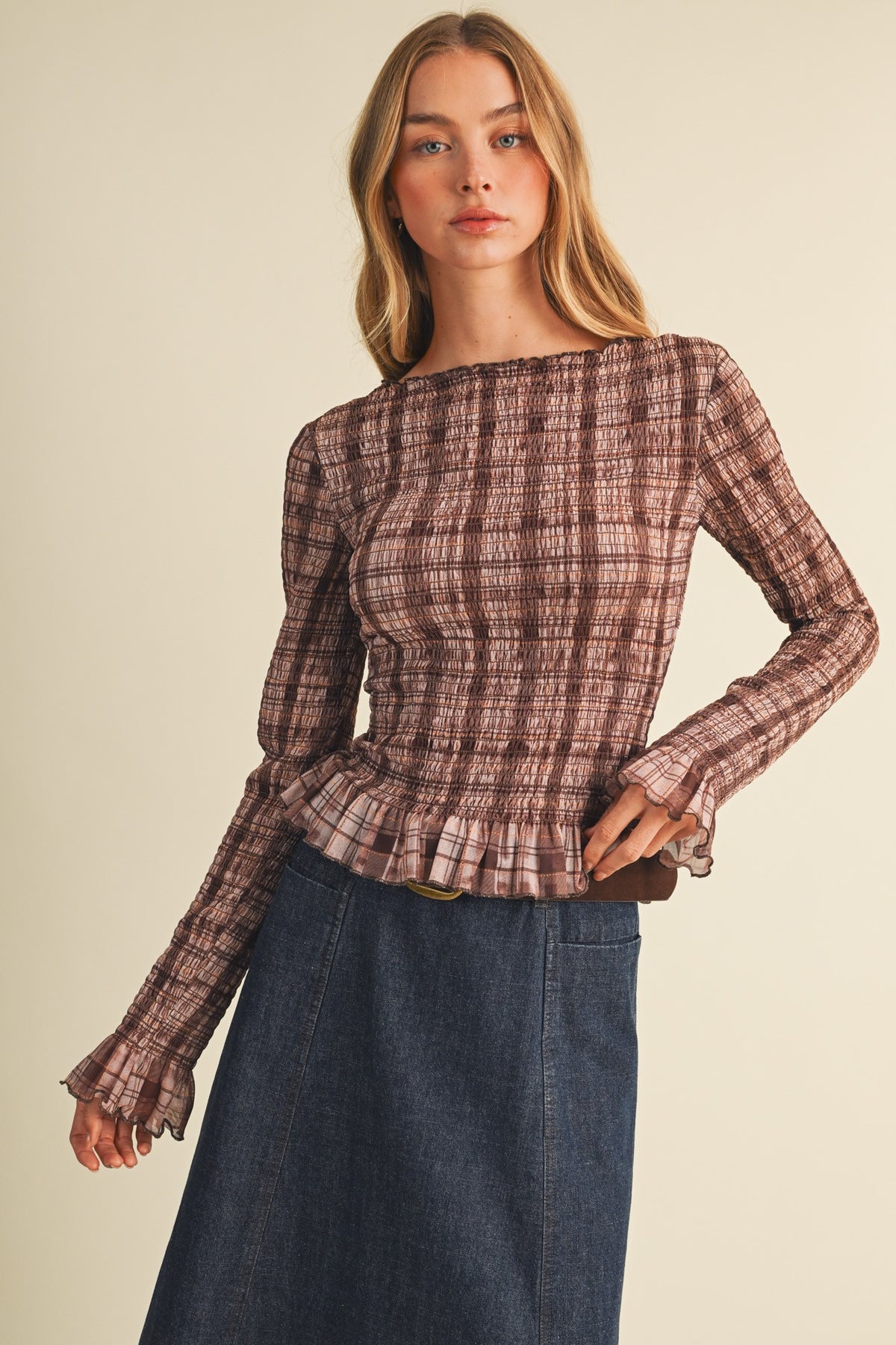 Shirred Plaid Top