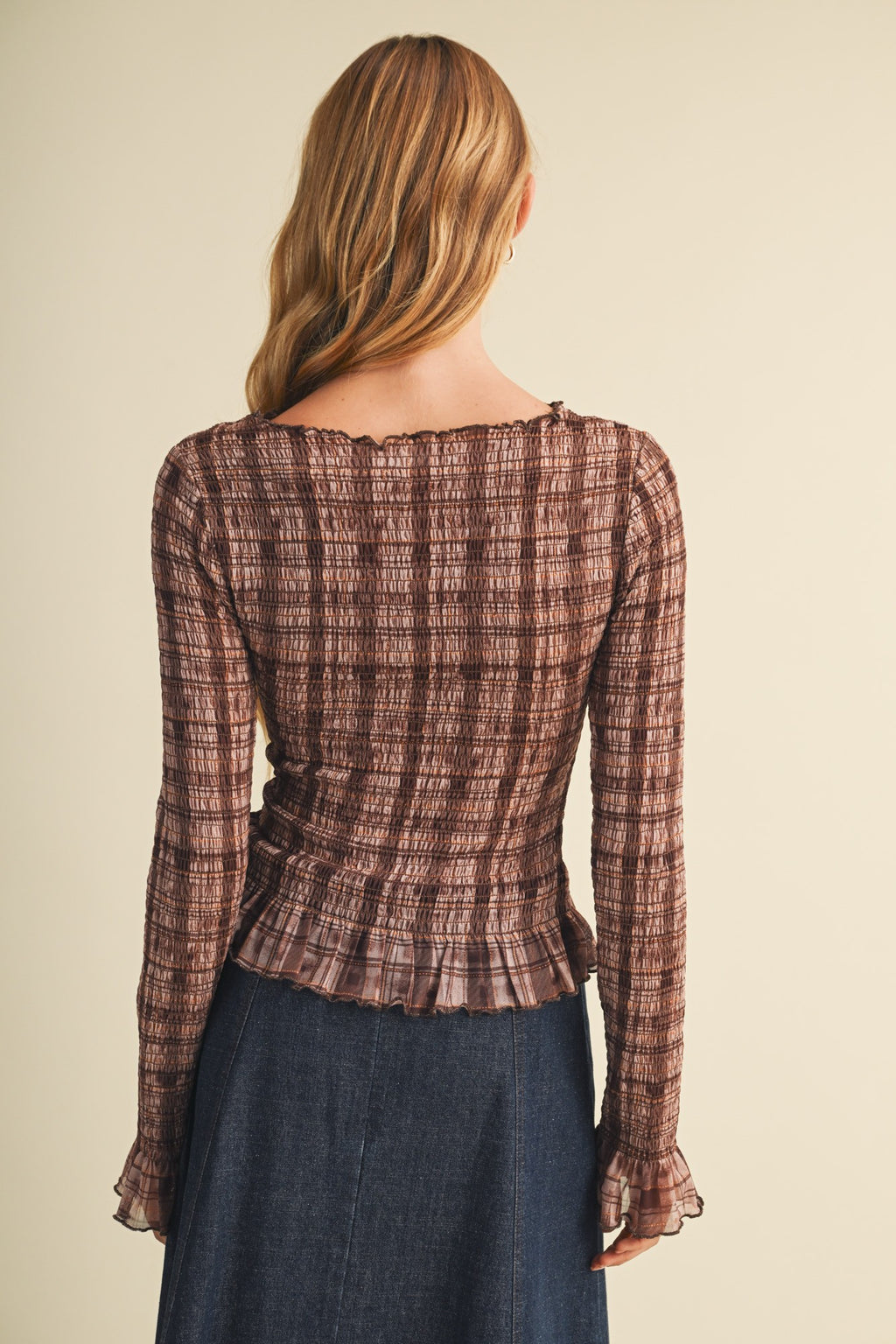 Shirred Plaid Top