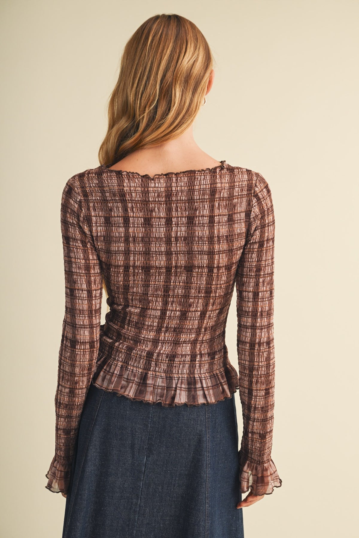 Shirred Plaid Top