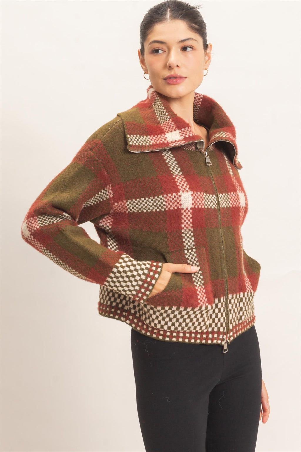 Zip Up Plaid Sweater